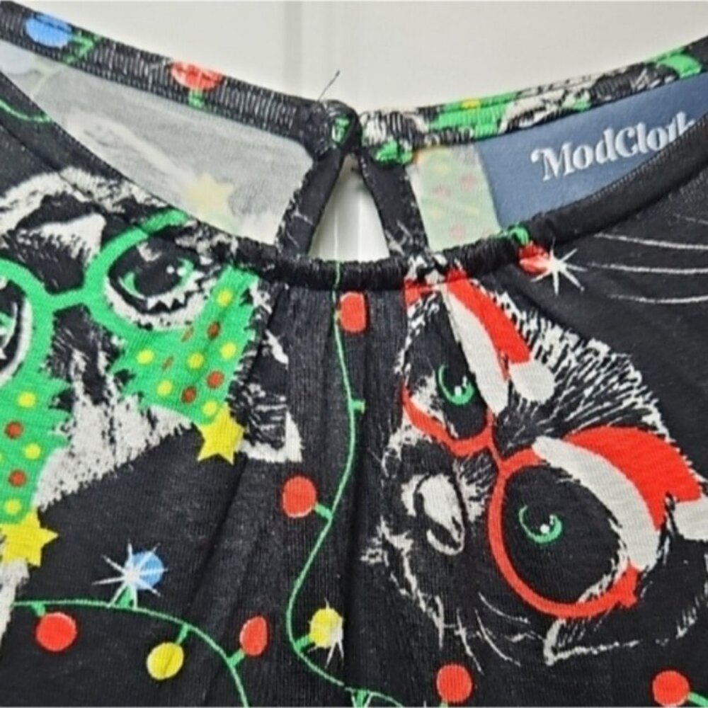 Modcloth Festive Holiday Kitty Dog Christmas Print Long Sleeve Dress XL New - Picture 9 of 10